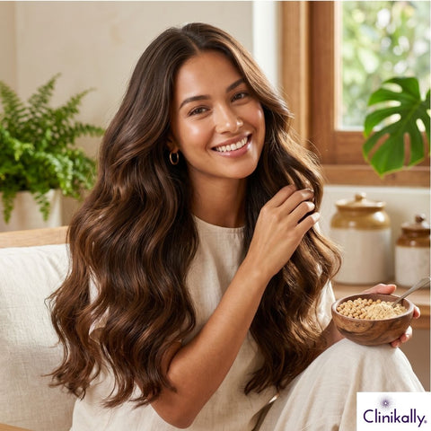 Woman showing healthy shiny hair with soy protein