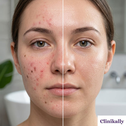Before and after acne improvement with azelaic acid and niacinamide treatment
