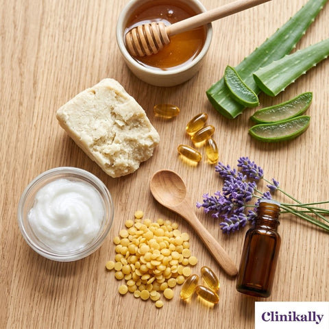 Lip balm ingredients including aloe vera, honey, shea butter and oils