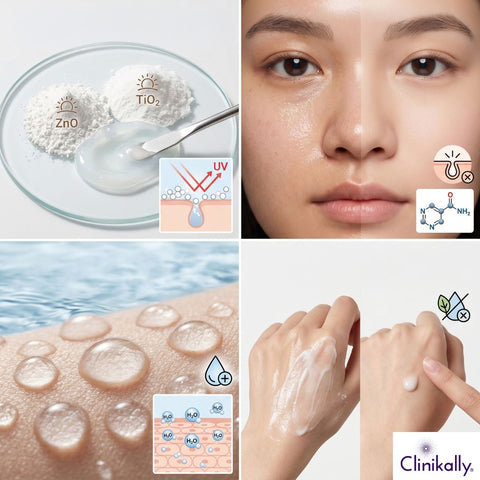 Key ingredients like Zinc Oxide and Titanium Dioxide in non-comedogenic sunscreen for UV protection and sensitive skin care