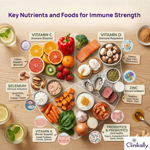 key nutrients and foods for immune strength including vitamin C citrus fruits, vitamin D salmon and mushrooms, zinc-rich shellfish and seeds, vitamin A vegetables, selenium foods, and probiotic yogurt