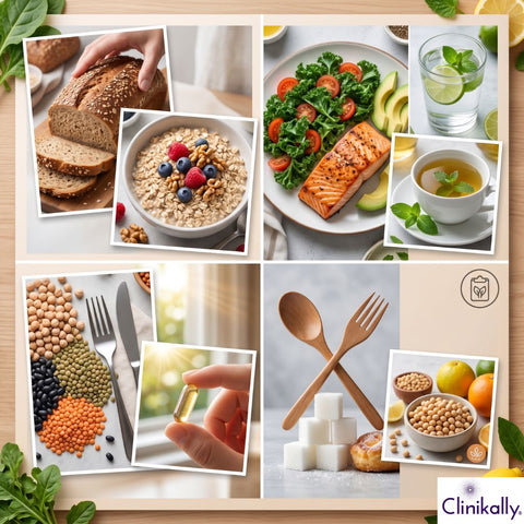 PMOS nutrition collage featuring low-glycemic foods, healthy proteins, fiber-rich grains, and anti-inflammatory diet