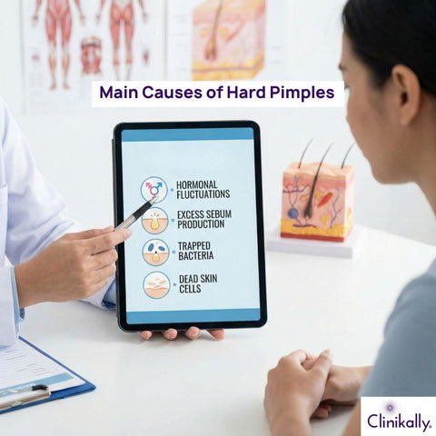 Doctor explaining hard pimple causes on a tablet