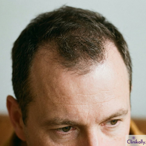 Close-up of male pattern baldness and thinning hair.