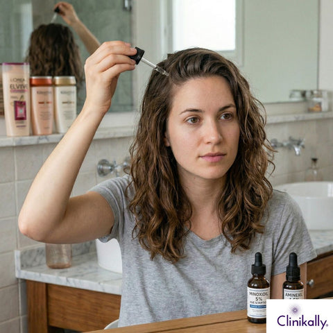 A women applying topical hair solution.