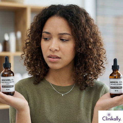 A women comparing Aminexil and Minoxidil.