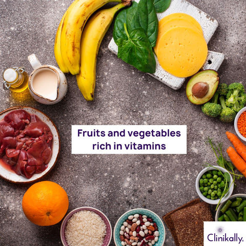 Multiple fruits and vegetables rich in vitamins