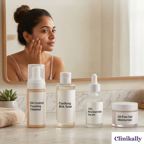 Women Applying niacinamide serum at looking the mirror