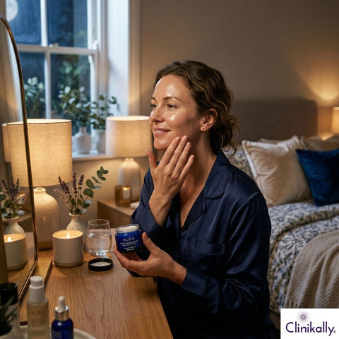Woman applying night moisturizer at her vanity