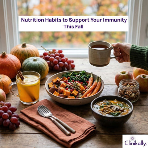 healthy fall meal with vegetables, soup, nuts, apples, pumpkins, and warm tea