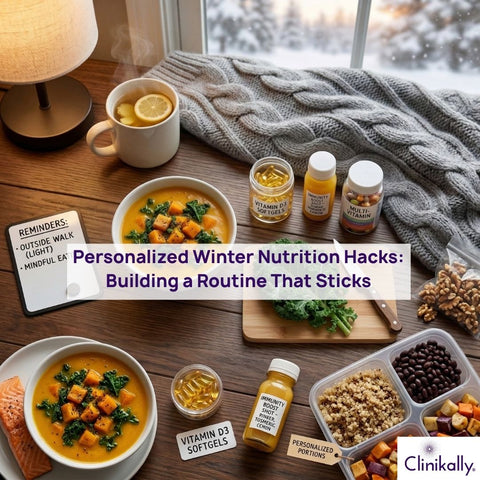 Healthy winter nutrition routine with vitamin supplements and meals