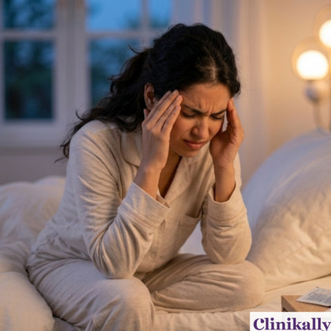 Woman experiencing headache as a potential sleep gummy side effect