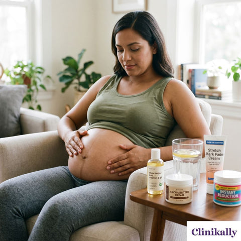 Pregnant woman with stretch marks and skincare products