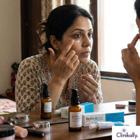 A women applying collagen cream around her eyes