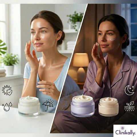 Woman applying day and night creams