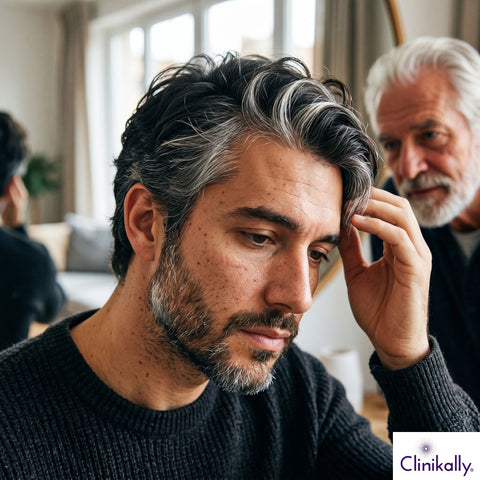 men showing premature greying hair