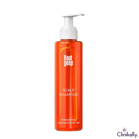 Root Deep sulphate-free scalp shampoo bottle for reducing hair fall and gentle scalp cleansing