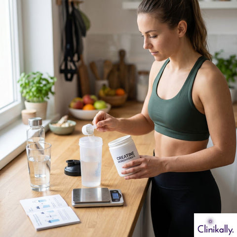 Female athlete measuring creatine monohydrate powder into shaker bottle