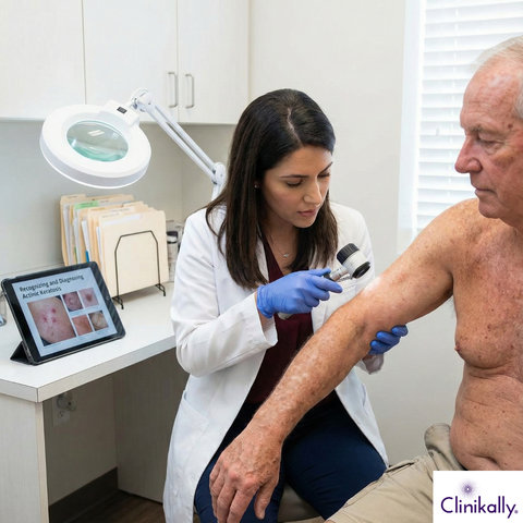 Doctor diagnosing Actinic Keratosis on elderly patient