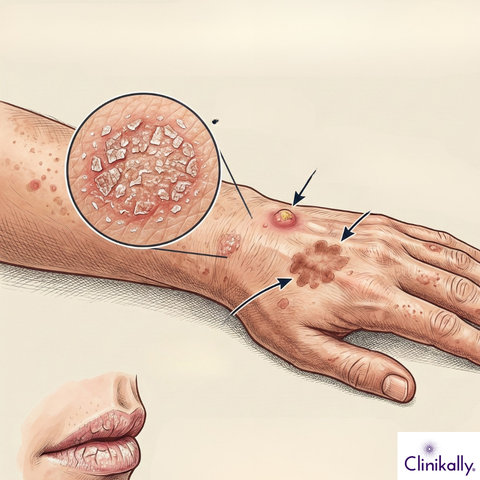 Animated illustration of Actinic Keratosis lesions on hand