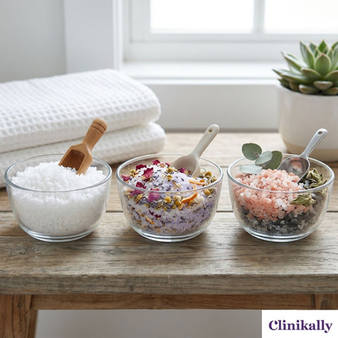 Three bowls displaying unscented, scented floral and therapeutic mineral bath salts