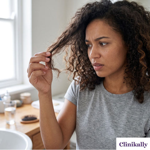 Alt text: Person examining dry frizzy hair ends