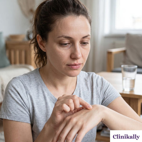 Woman checking dry skin caused by dehydration
