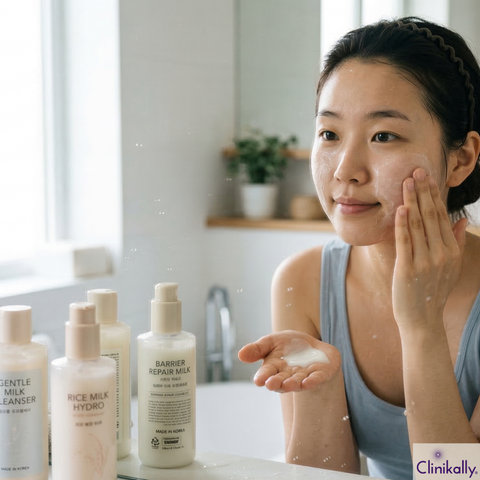A girl applying the milk cleanser