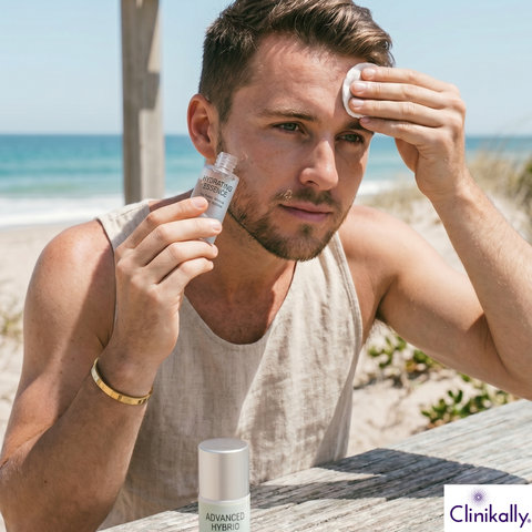 Man applying skincare essence on combination skin