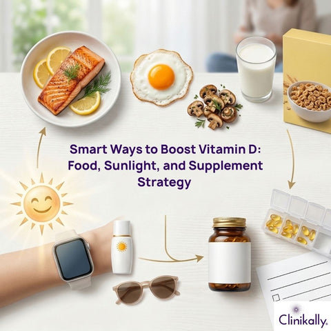 Vitamin D sources including food, sunlight, and supplements