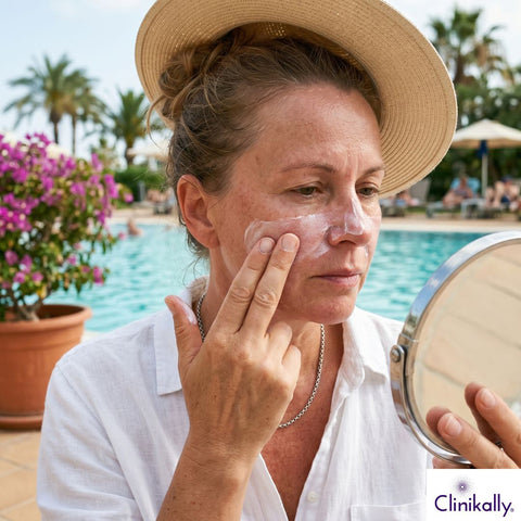 Woman applying non-comedogenic sunscreen on face outdoors
