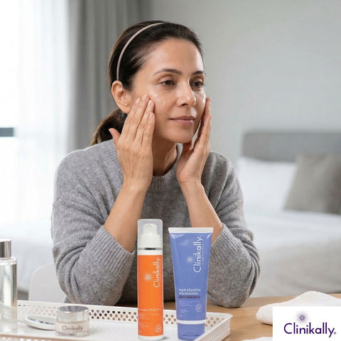 A women applying sunscreen and moisturizer on her face.