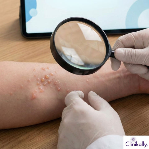 Doctor examining skin vesicle on arm with magnifying glass