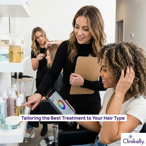 Salon stylist advising woman on treatment options