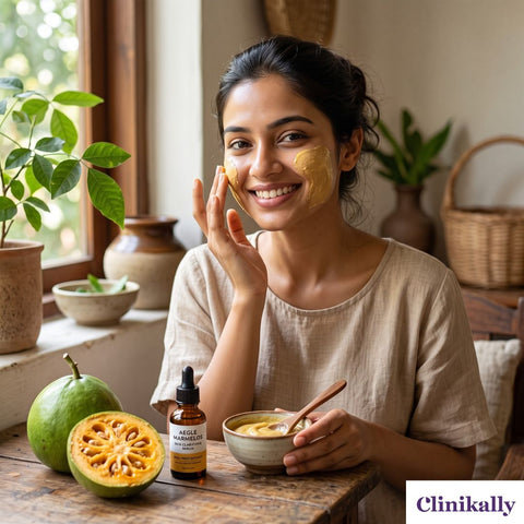 Woman applying Aegle Marmelos mask for clarified skin