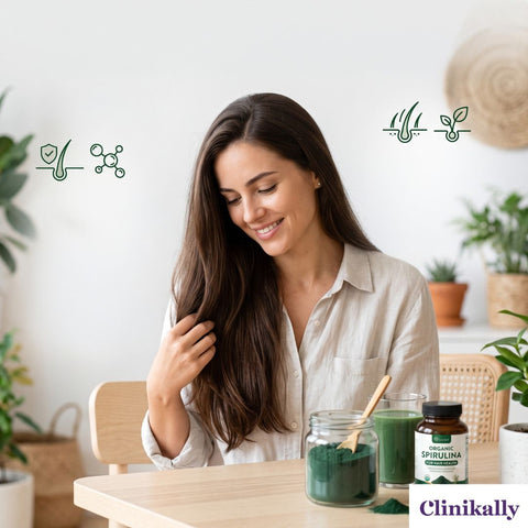 Woman using spirulina supplement to support healthy hair growth