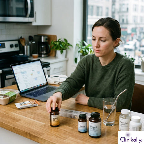 woman managing daily vitamin supplements and pill organizer
