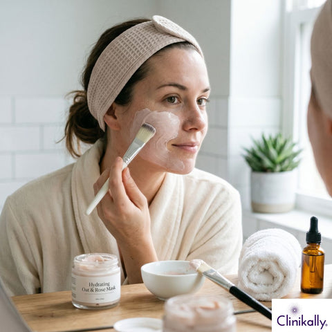 Woman using moisturizing face mask at home