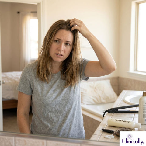 Woman checking oily scalp in mirror