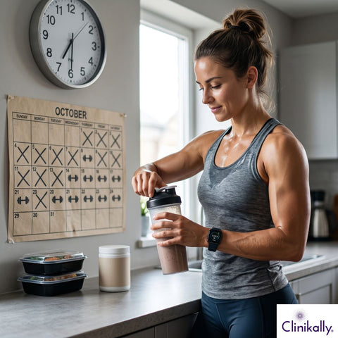 Woman preparing creatine protein shake with fitness schedule
