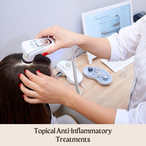 A women getting scalp treatment from a dermatologist. The image text says "Topical Anti-Inflammatory Treatments"