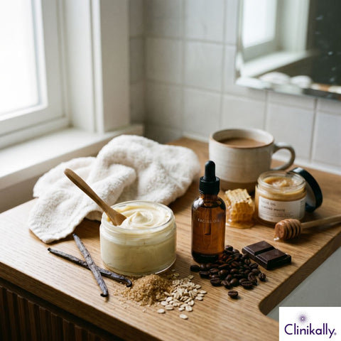 Gourmand skincare setup with vanilla cream honey oats coffee and facial oil