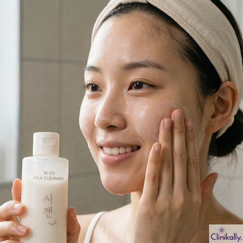 A lady applying rice milk cleanser