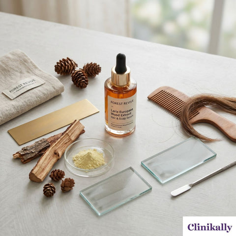 Larix Europaea wood extract hair and scalp serum with botanical ingredients and hair care tools