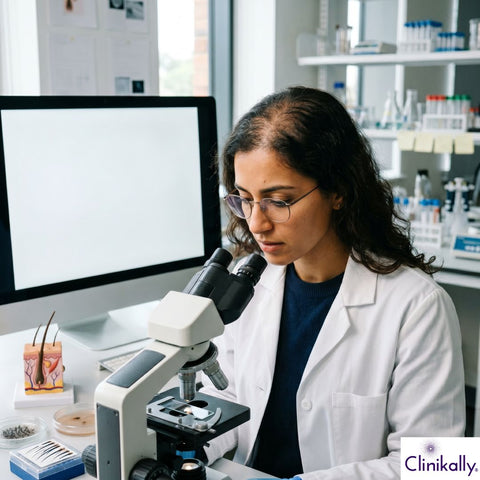 Researcher studying PMOS-related hair loss samples