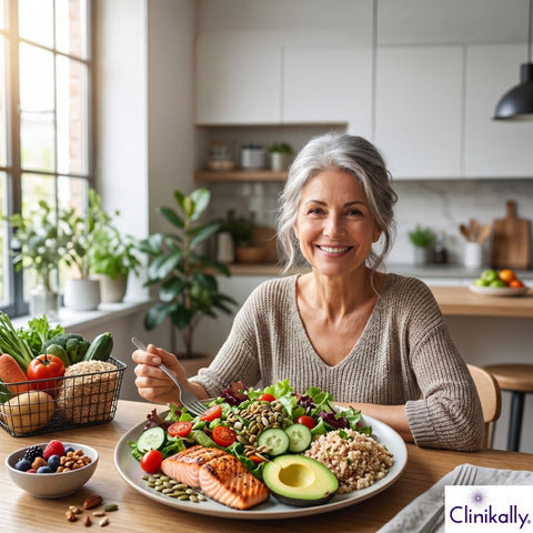 woman enjoying a healthy PMOS-friendly meal