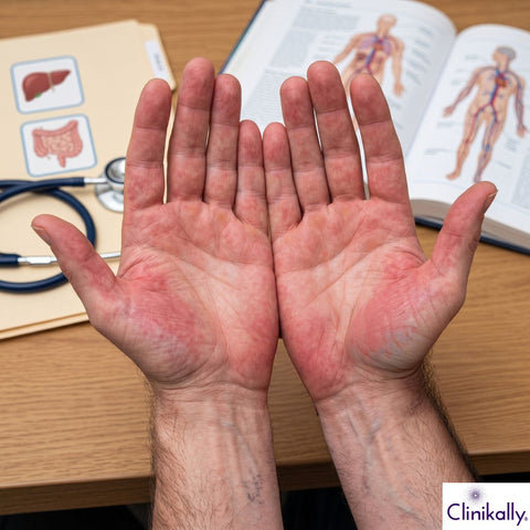 Red palms showing signs of palmar erythema