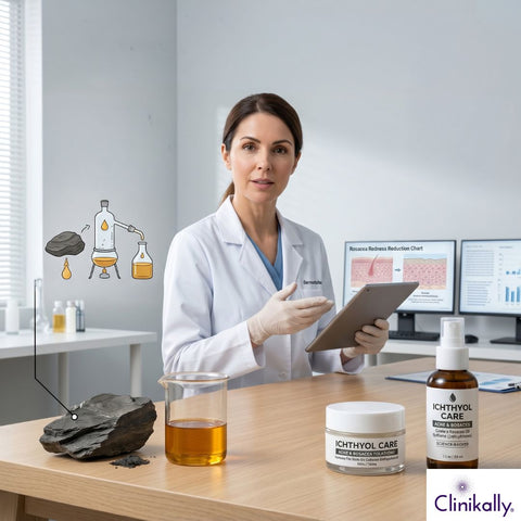 Dermatologist explaining ichthyol shale oil skincare for acne and rosacea