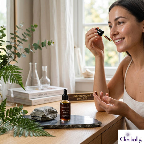 Woman applying shale oil serum to face