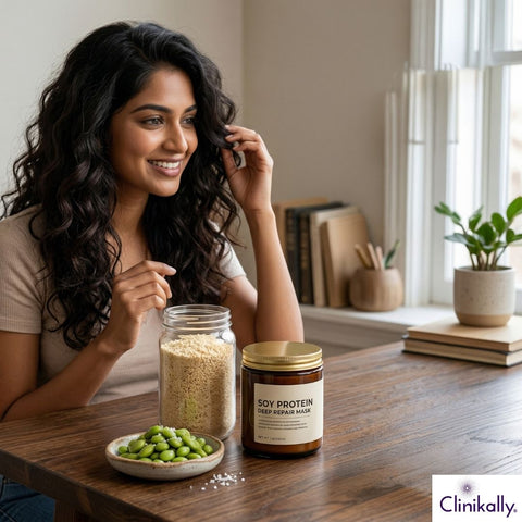 Woman with soy protein hair care products